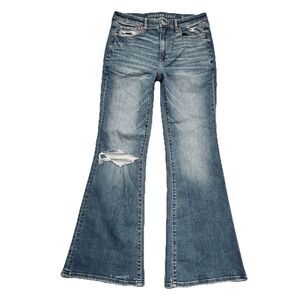 American Eagle Super Hi Rise Flare Jeans 6 (29x29.5) Blue Distressed Denim Women